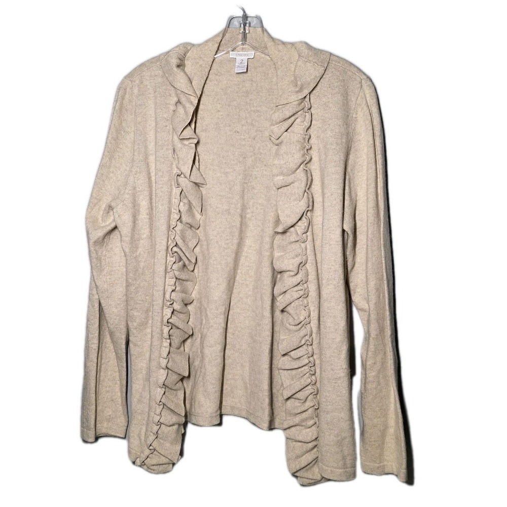 Chicos Cardigan Sweater Womens 2 Lg Beige Cotton Cashmere Ruffle Trim Open Front
